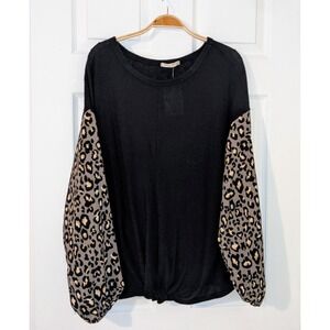 Boutique Leopard Sleeve Top Blouse Pullover Trendy Black‎ Large NWT